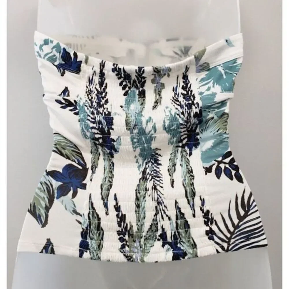 Free People Bandeau Crop Top Women's SMALL Black Blue White Green Floral Smocked